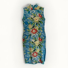 Original AVANTI Authentic Hawaii 100% Silk Floral Cheongsam Dress Blue M