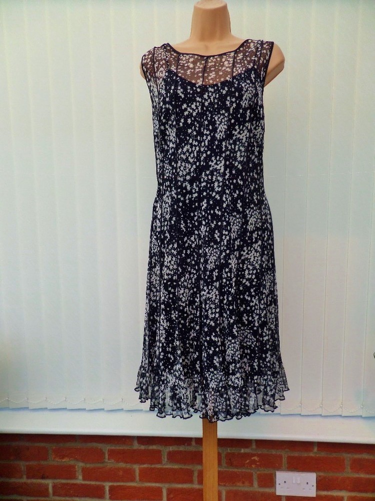 JESSICA HOWARD NAVY WHITE FLORAL SHEER TULLE LACE 20&rsquo;S MINI SHIFT DRESS 16 £120