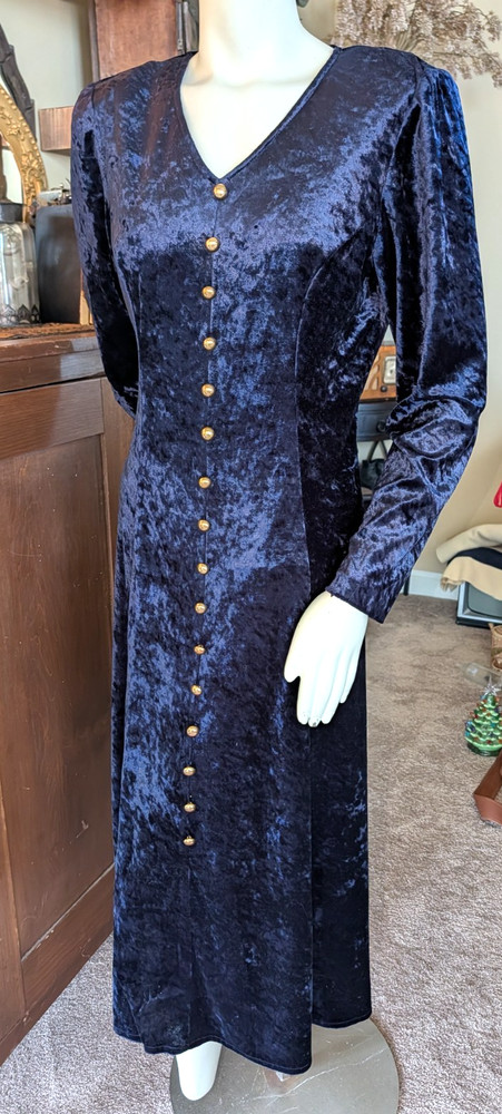 VTG Brett Alixander Dress Navy Crushed Velvet Lace Back Brass Buttons 90s Sz 12