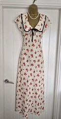Vintage 1930s 1940s Style Cream Red Rose Holiday Midi Dress Size 14