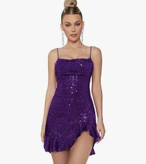 Purple Sequin Mini Dress S Square Neck Strappy Adjustable Lace-Up Ruffle Hem