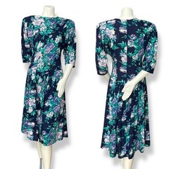 Vintage 90s Dress Floral Navy Blue Basque Waist Momcore Midi Rayon High Neck
