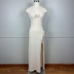 Meshki Knit Maxi Halter Dress Size M Cream High Slit Semi Sheer Crochet Flower