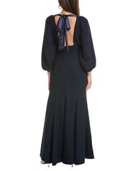 BISHOP SLEEVE OPEN-BACK TRUMPET GOWN WITH SCARF TIE IN MIDNIGHT NAVY, NWT