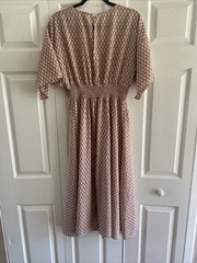 Geometric Leaf Print Midi Dress Womens Size M Terracotta Boho Surplice