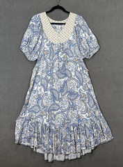 Lucky Brand Maxi Dress Sz M Blue Paisley Ruffle Puff Sleeve Prairie Cottagecore