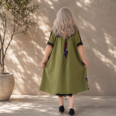 GREEN MIDI SUMMER FLORAL DRESS,XL LOOSE BOHO EMBROIDERED COTTON DRESS,LACE DRESS