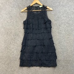 VINTAGE Review Dress Womens 10 Black Floral Tiered Nylon Mesh Lined 47404