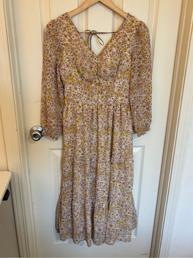 Sincerely Jules Floral Smocked Midi Dress S | Long Sleeve Boho Prairie Style