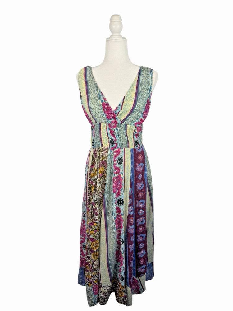 HANNAH 100% Cotton India Print Patchwork Midi Dress Purple Blue M Jeetish Import