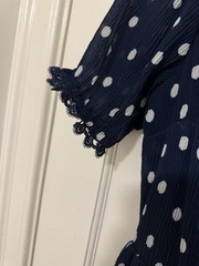 1901 Navy Polka Dot Chiffon Fit & Flare Dress lace detail cut out in back Sz XS