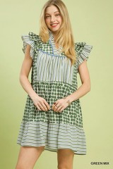 Umgee Mix Patchwork Flutter Sleeve Tiered Dress – Green Mix – Large