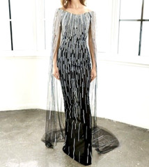 $7,000 Pamella Roland Resort 2022 Runway Black Long Beaded Cape Gown Dress US 8