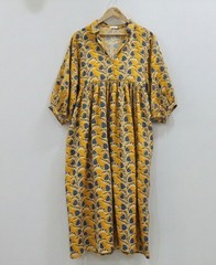 Kyra Midi Dress Women Cotton Block Print Boho Floral Casual Summer Wear