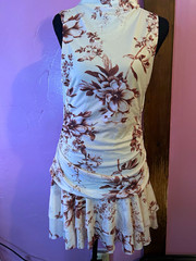 Ivory/Brown Floral Mock Neck Knit Stretch Fit & Flare Ruffle Hem Dress, XL