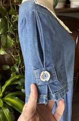 Sz M Denim Jean Maxi Dress Macrame Doilie Button Collared 100% Cotton Cottage