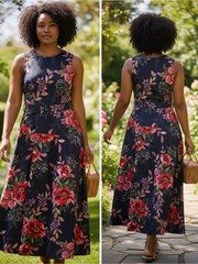 NET Melonie T Womens Belted Sleeveless Social Navy Floral Evening Gown Size 2