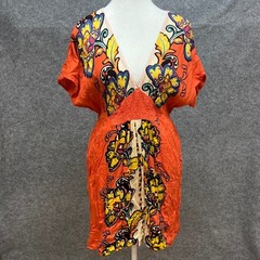 ANGIE Orange Floral Boho V Neck Smocked Waist Summer Cover Up Mini Dress Size S