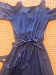 Ann Taylor Petite 2P Blue Solid Cold Shoulder Midi A-Line Dress Belted Elegant