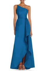 Alfred Sung Classic Blue One Shoulder Satin Gown Size 6 $252 D831