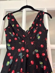 Pretty Retro Black Cherry Print Fit & Flare Midi Dress V-Neck Sleeveless Zip 10