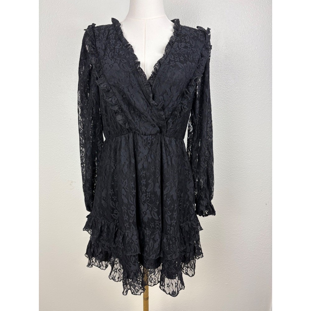 Dizzy Lizzy Small Black Lace Ruffle Mini Dress Long Sleeve V-Neck Surplice Goth