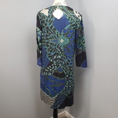 Simply Couture Sweater Dress Womens M Multi Peacock Print Lined Cut V Round Neck