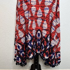 Maggy London Red Blue Geometric Pom Pom Trim Halter Sleeveless Midi Dress 8P