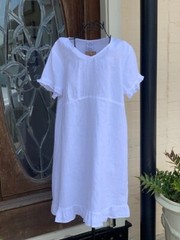 LD1009 White Medium NWT Match Point Linen Dress Ruffle Classic VNeck Light NEW