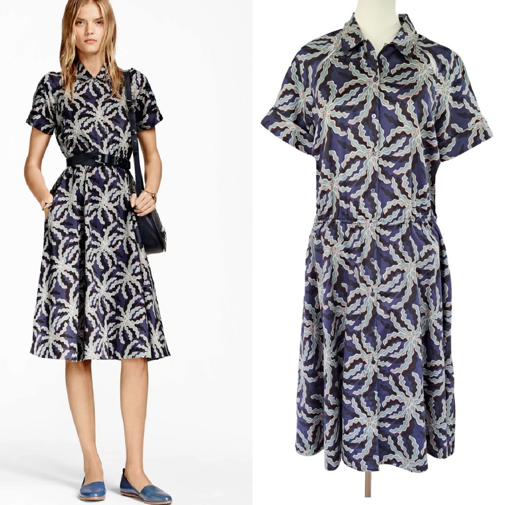 BROOKS BROTHERS Cotton Sateen Midi Shirt Dress Size 12 Blue Black Short Sleeve