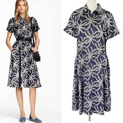 BROOKS BROTHERS Cotton Sateen Midi Shirt Dress Size 12 Blue Black Short Sleeve