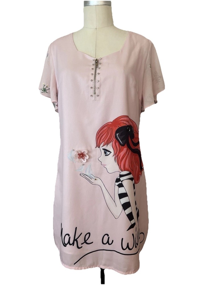 A Fuli Lined Pink Make A Wish ShiftDress W/ Graphic Illustration Sz 10