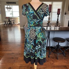Studio I Dress Womens 12 Black Blue Green Paisley Wrap V-Neck Ruched Waist