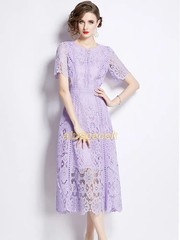 Lace Hollow Out Prom Dress Women&rsquo;s Summer Short Sleeve Long Dress Clothing