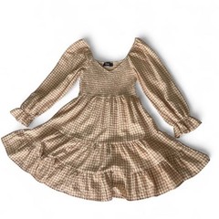 Peach Gingham Smocked Bodice Tiered Ruffle Mini Dress Long-sleeve Size Small