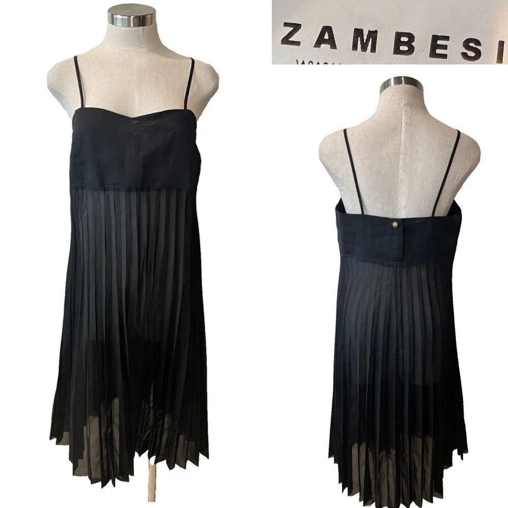 ZAMBESI « STARLET VEILED » Black Sheer Organza Pleated Slip Dress 12Aust-UK/8US