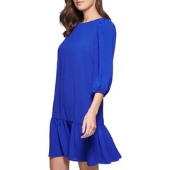 DKNY Above Knee 3/4 Sleeve Jewel Neck Solid Cobalt Blue Drop-Hem