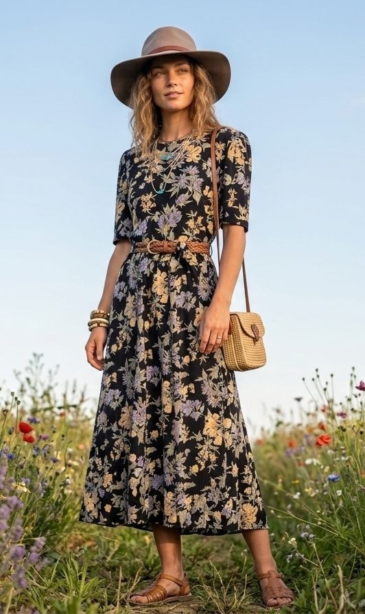 Vtg 80s Casual Corner Dark Floral Maxi Dress Sz 8 Belt Cottagecore Boho Rayon