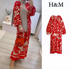 H&M HM Balloon Sleeved Dress Long BRIGHT RED / GREEN FLORAL / BEIGE PATTERNED