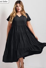 Avenue Black Solid Tiered V-Neck Flutter Short Sleeve Midi Dress Pockets 26/28