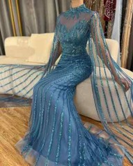 Mermaid Angular Sleeve Lace Bead Evening Dress Sweeping Train Prom Ball Gown