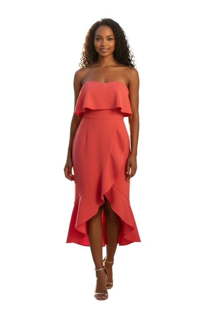 Xscape Coral Strapless Ruffle Hi-Low Cocktail Wedding Guest Crepe Dress Size 4