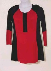 Lynn Richie Silver*Red Black Dress*Size L*Knee Length*Front Zip*Stretch*Long Slv