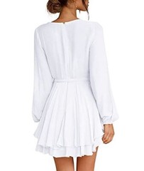 Cosonsen Womens White Dress Deep V-Neck Long Sleeve Tie Waist Ruffle Swing Dress