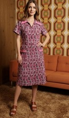 Vtg Knit Shift Dress Womens XXL 2X Floral MOD 60s 70s Midi Pockets