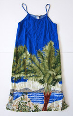 Vintage In Gear 100% Rayon Blue Green Palm Tree Floral Tank Slip Sun Dress Small