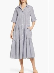 Nordstrom Tiered Shirtdress Navy and White Striped Button-Front Midi Dress M Med