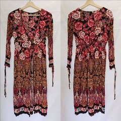 Angie Duster Kimono Coat Topper Floral Paisley Smocked Midi Red Black Tan M Boho