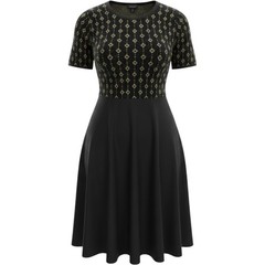 Torrid Dress Womens 0 Black Gold Metallic Geometric Knit Fit Flare Short Sleeve
