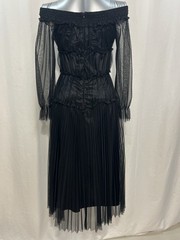 Sheer Off-Shoulder Black Midi Dress with Pleated Skirt wedding party Gothic ￼